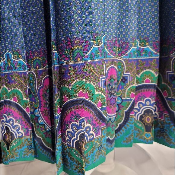 VINTAGE 80s dress blue pleated paisley button up midi L - Picture 5 of 9
